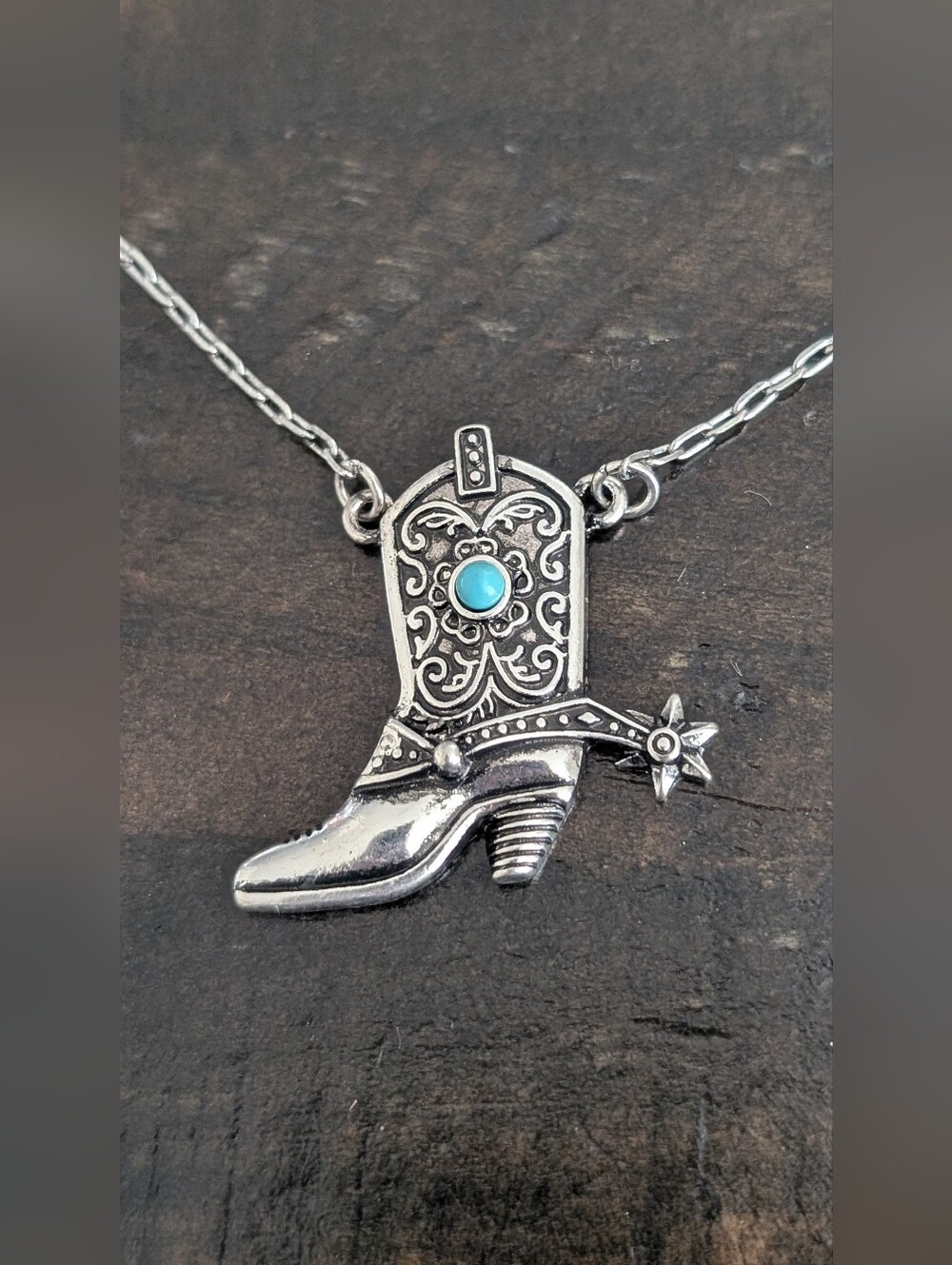 Silver Boot Pendant Necklace with Turquoise Accent - Women Jewelry - Picture 3 of 3